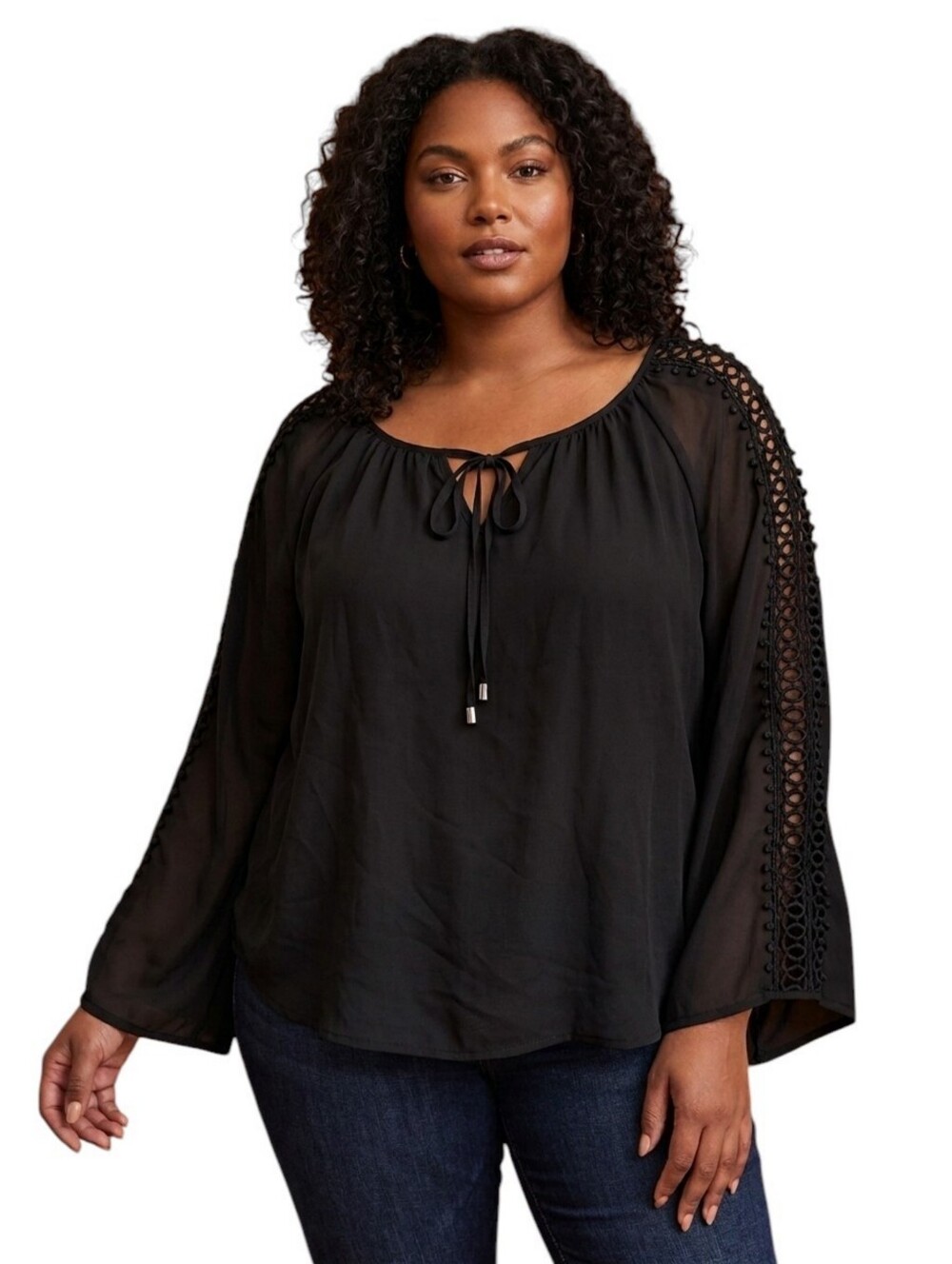Zac & Rachel Woman Semi Sheer Black Peasant Blouse with Crochet Sleeves
